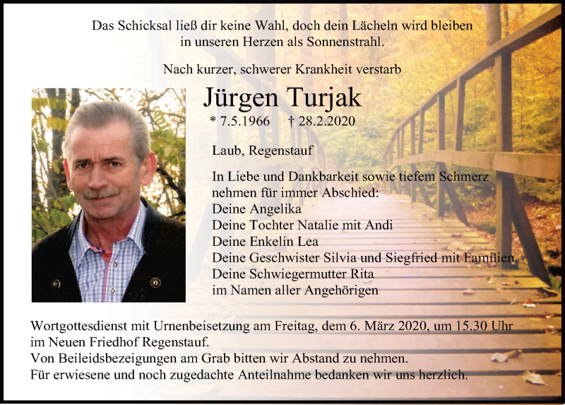  Traueranzeige für Jürgen Turjak vom 03.03.2020 aus Mittelbayerische Zeitung Regensburg