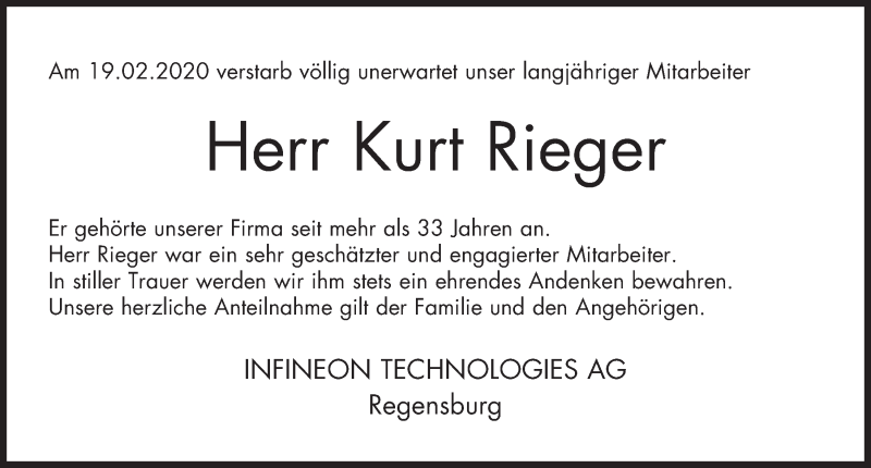  Traueranzeige für Kurt Rieger vom 05.03.2020 aus Mittelbayerische Zeitung Regensburg