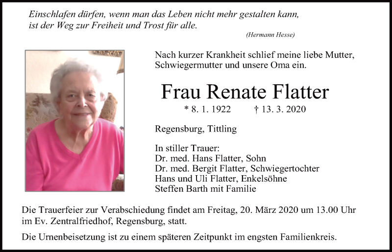 Traueranzeigen von Renate Flatter | Mittelbayerische Trauer