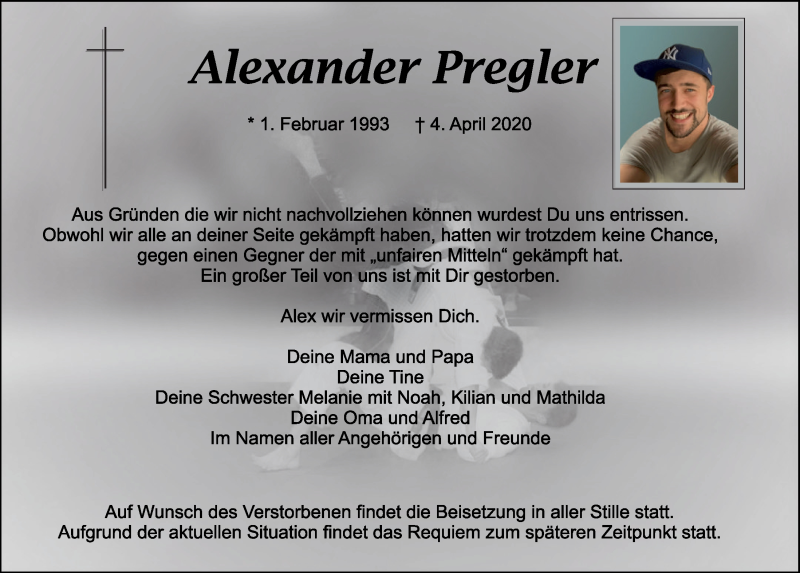  Traueranzeige für Alexander Pregler vom 15.04.2020 aus Bayerwald Echo