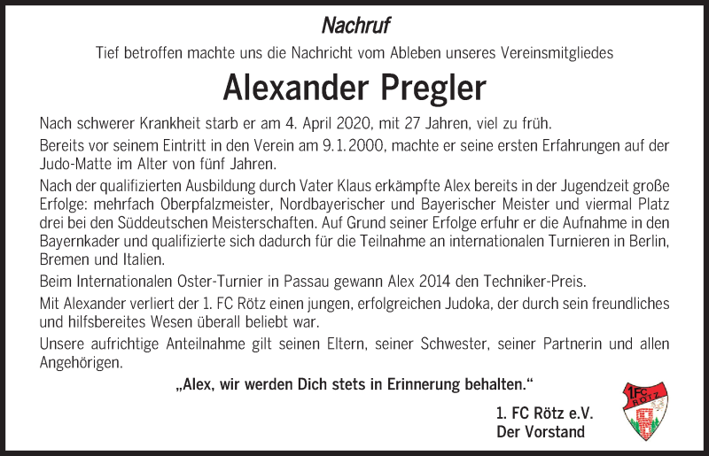  Traueranzeige für Alexander Pregler vom 17.04.2020 aus Bayerwald Echo