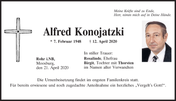 Traueranzeige von Alfred Konojatzki von Mittelbayerische Zeitung Kelheim