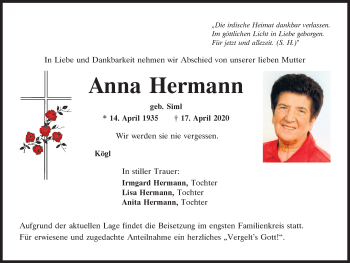 Traueranzeigen von Anna Hermann | Mittelbayerische Trauer