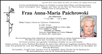 Traueranzeige von Anna-Maria Paichrowski von Bayerwald Echo