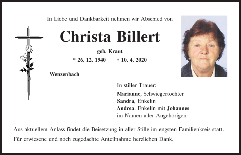 Traueranzeigen von Christa Billert | Mittelbayerische Trauer