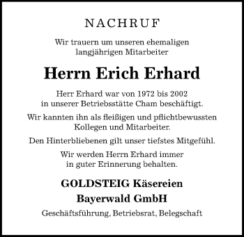 Traueranzeige von Erich Erhard von Bayerwald Echo