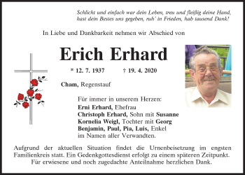 Traueranzeige von Erich Erhard von Bayerwald Echo