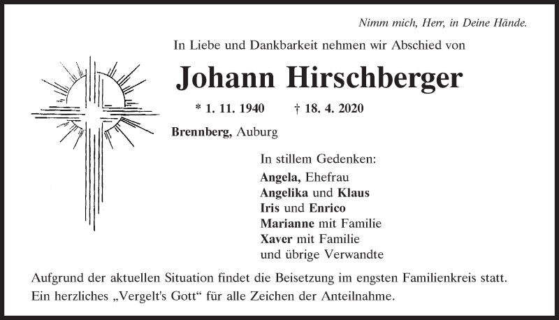  Traueranzeige für Johann Hirschberger vom 21.04.2020 aus Mittelbayerische Zeitung Regensburg