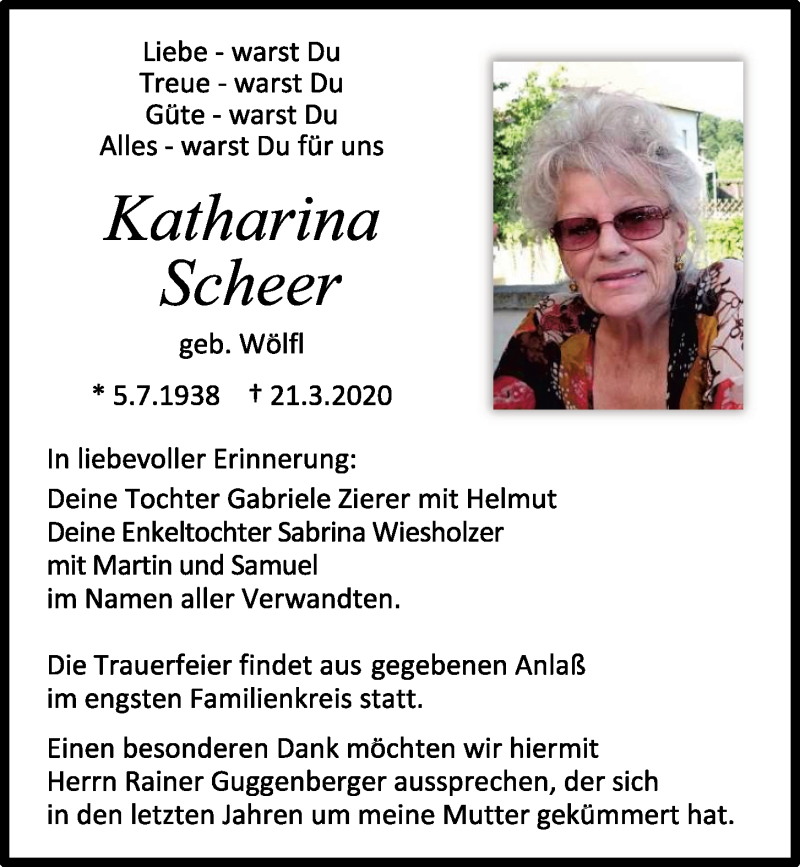 Traueranzeigen von Katharina Scheer | Mittelbayerische Trauer