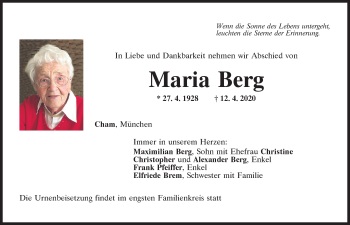 Traueranzeige von Maria Berg von Bayerwald Echo