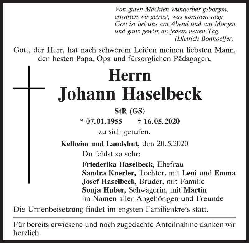  Traueranzeige für Johann Haselbeck vom 20.05.2020 aus Mittelbayerische Zeitung Kelheim