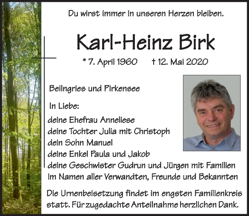 Traueranzeigen Von Karl Heinz Birk Mittelbayerische Trauer