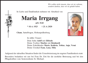 Traueranzeige von Maria Irrgang von Bayerwald Echo