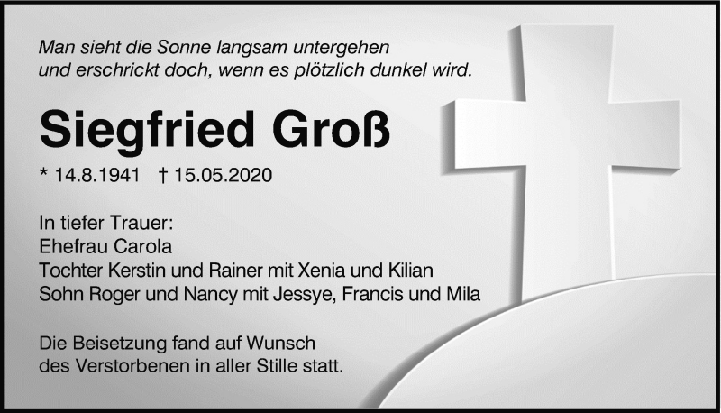  Traueranzeige für Siegfried Groß vom 23.05.2020 aus Mittelbayerische Zeitung Regensburg
