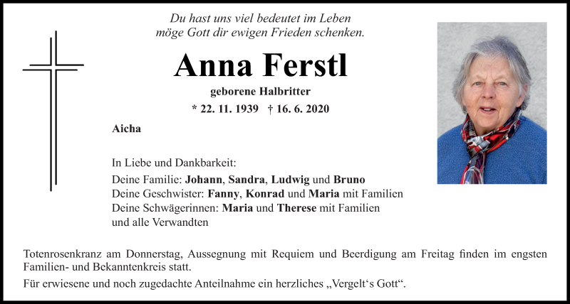 Traueranzeigen Von Anna Ferstl Mittelbayerische Trauer