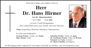 Traueranzeige von Hans Hirmer von Bayerwald Echo