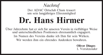 Traueranzeige von Hans Hirmer von Bayerwald Echo