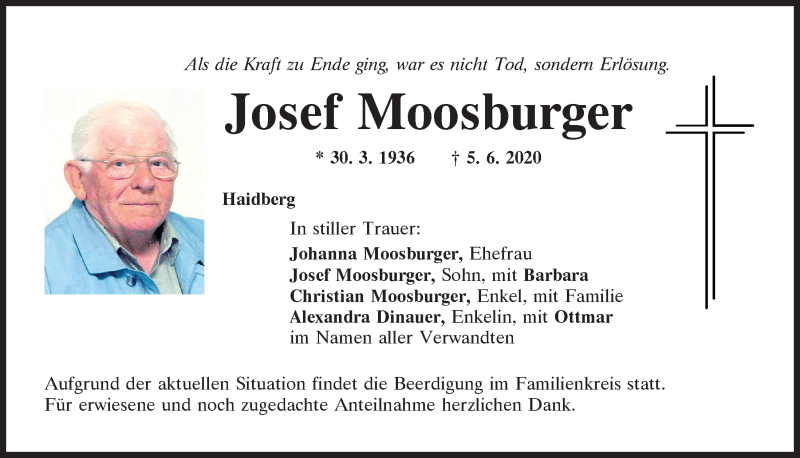  Traueranzeige für Josef Moosburger vom 06.06.2020 aus Mittelbayerische Zeitung Regensburg