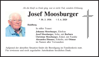 Traueranzeige von Josef Moosburger von Mittelbayerische Zeitung Regensburg