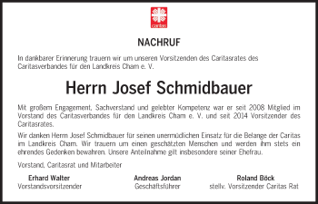 Traueranzeige von Josef Schmidbauer von Bayerwald Echo