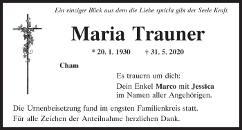 Traueranzeige von Maria Trauner von Bayerwald Echo