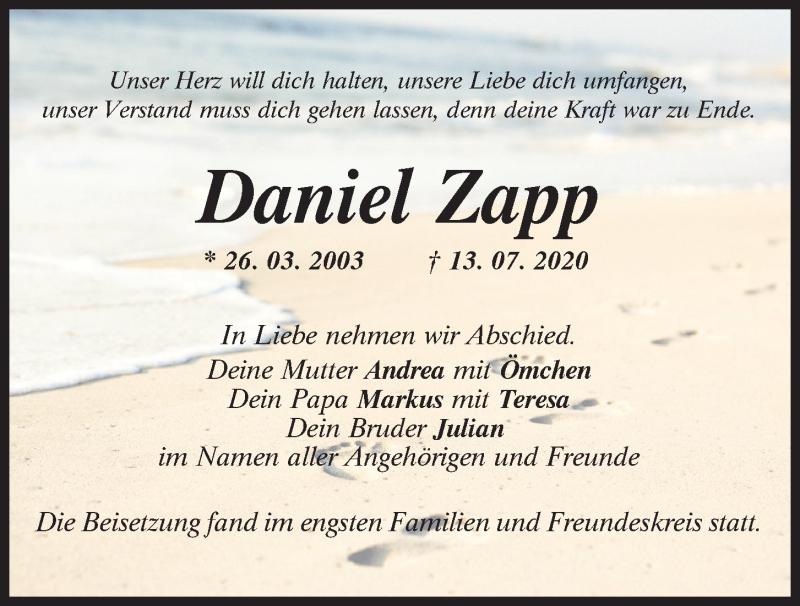  Traueranzeige für Daniel Zapp vom 25.07.2020 aus Mittelbayerische Zeitung Regensburg