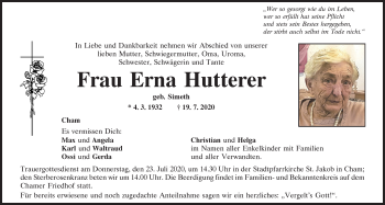 Traueranzeige von Erna Hutterer von Bayerwald Echo