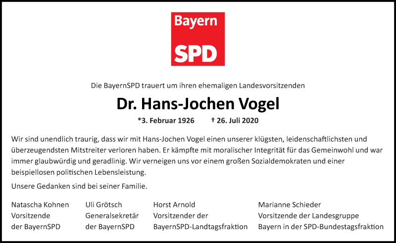  Traueranzeige für Hans-Jochen Vogel vom 29.07.2020 aus Mittelbayerische Zeitung Gesamtausgabe