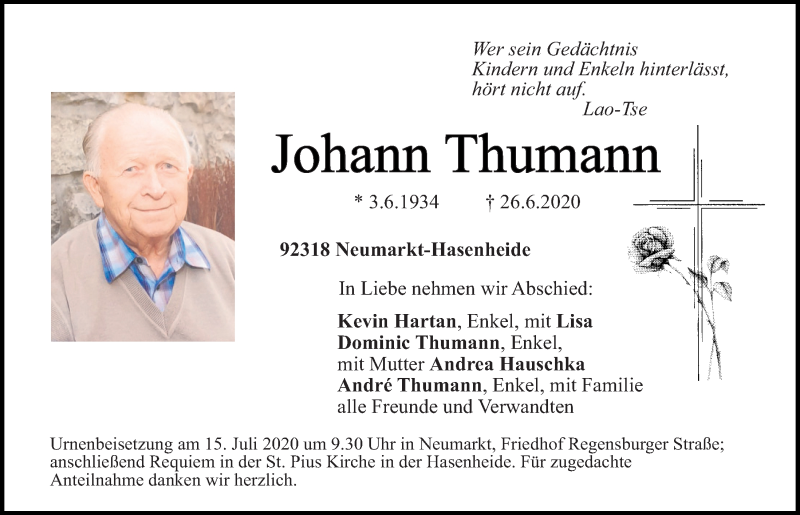  Traueranzeige für Johann Thumann vom 13.07.2020 aus Neumarkter Tagblatt