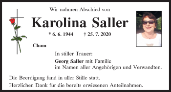 Traueranzeige von Karolina Saller von Bayerwald Echo