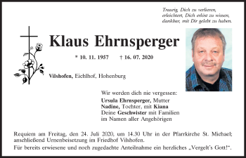 Traueranzeige von Klaus Ehrnsperger von Mittelbayerische Zeitung Schwandorf
