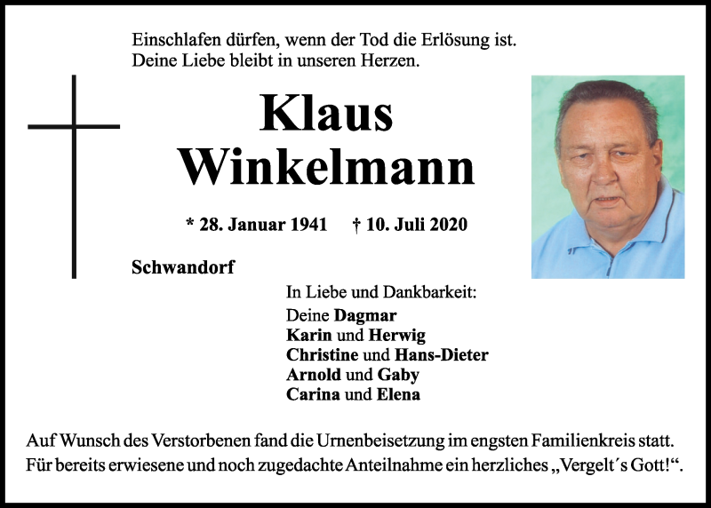  Traueranzeige für Klaus Winkelmann vom 18.07.2020 aus Mittelbayerische Zeitung Schwandorf