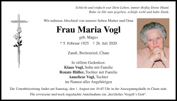 Traueranzeige von Maria Vogl von Bayerwald Echo