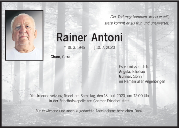 Traueranzeige von Rainer Antoni von Bayerwald Echo