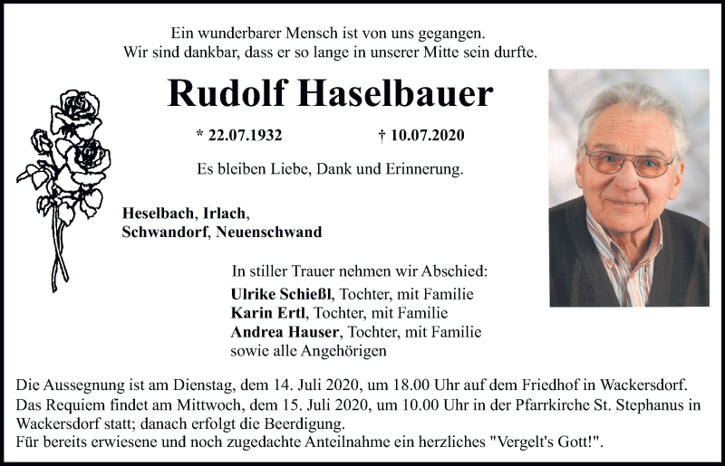  Traueranzeige für Rudolf Haselbauer vom 11.07.2020 aus Mittelbayerische Zeitung Schwandorf