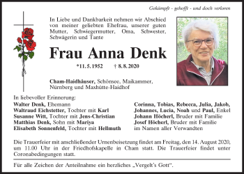 Traueranzeige von Anna Denk von Bayerwald Echo