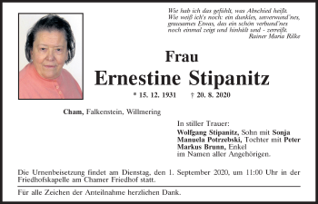 Traueranzeige von Ernestine Stipanitz von Bayerwald Echo