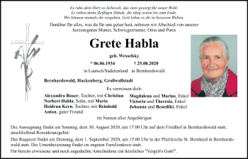 Traueranzeigen von Grete Habla | Mittelbayerische Trauer