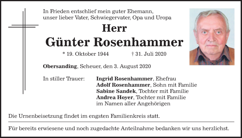  Traueranzeige für Günter Rosenhammer vom 03.08.2020 aus Mittelbayerische Zeitung Regensburg