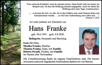 Traueranzeige von Hans Franke von Neumarkter Tagblatt