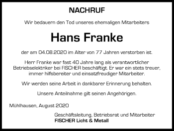 Traueranzeige von Hans Franke von Neumarkter Tagblatt