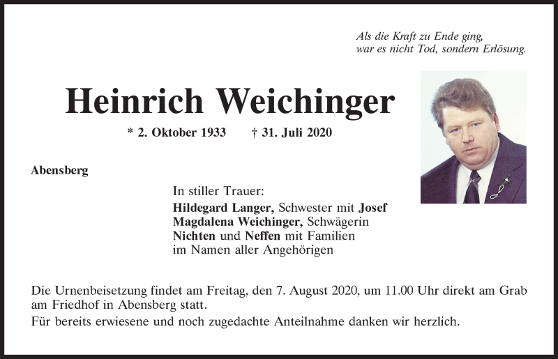  Traueranzeige für Heinrich Weichinger vom 06.08.2020 aus Mittelbayerische Zeitung Kelheim