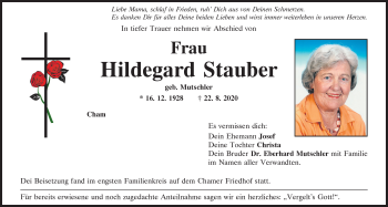 Traueranzeige von Hildegard Stauber von Bayerwald Echo