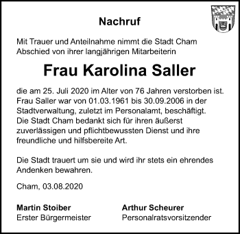 Traueranzeige von Karolina Saller von Bayerwald Echo