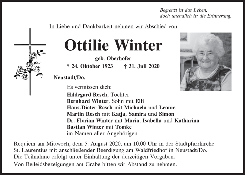  Traueranzeige für Ottilie Winter vom 03.08.2020 aus Mittelbayerische Zeitung Kelheim