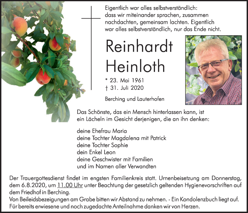  Traueranzeige für Reinhardt Heinloth vom 04.08.2020 aus Neumarkter Tagblatt