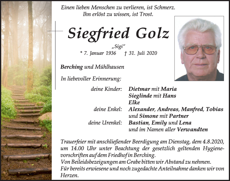  Traueranzeige für Siegfried Golz vom 03.08.2020 aus Neumarkter Tagblatt