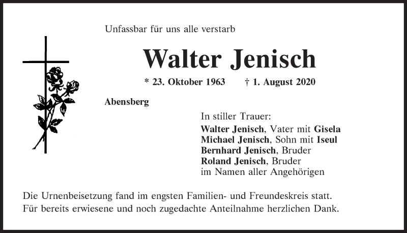  Traueranzeige für Walter Jenisch vom 17.08.2020 aus Mittelbayerische Zeitung Kelheim