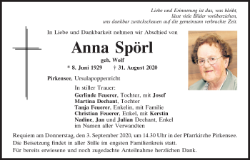 Traueranzeige von Anna Spörl von Mittelbayerische Zeitung Schwandorf