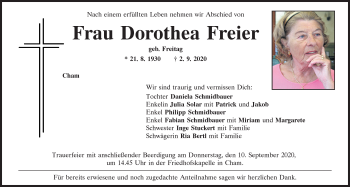 Traueranzeige von Dorothea Freier von Bayerwald Echo